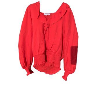 Parker Womens Long Sleeve Ruffled V Neck Silk Shirt Red Large